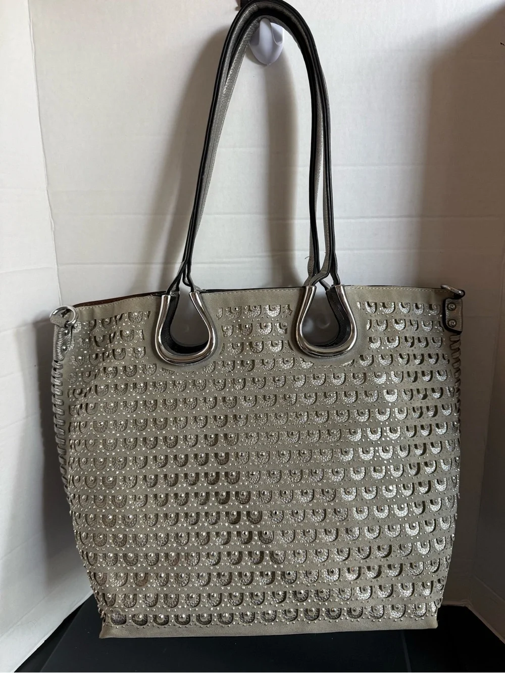 Studded Metallic Silver Tote Bag for Women